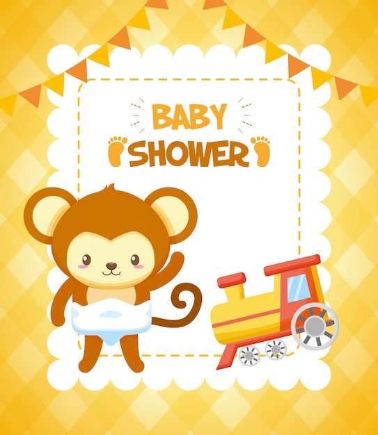 Free Vector Monkey With Train For Baby Shower Card