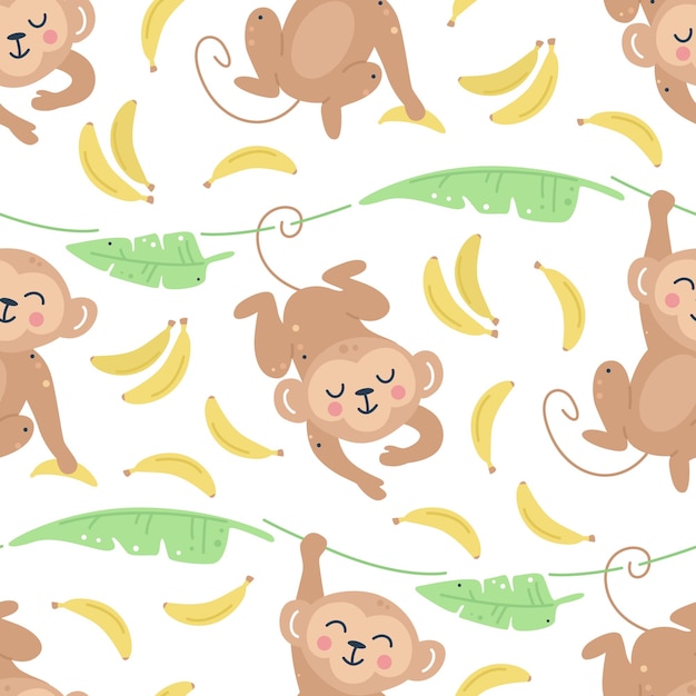 Premium Vector | Monkeys with bananas and leaves seamless pattern
