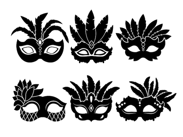 白い背景で隔離のカーニバルマスクのモノクロの黒いイラスト カーニバルと仮面舞踏会のマスク プレミアムベクター