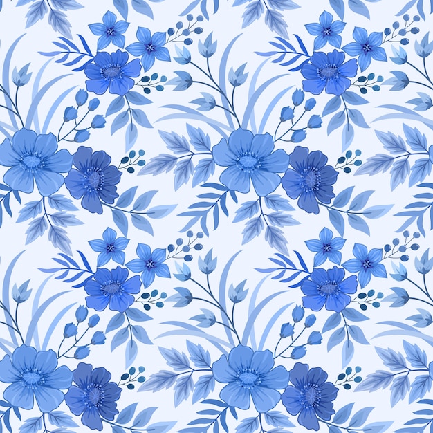 モノクロの青い花と葉のシームレスパターンテクスチャの壁紙の背景 プレミアムベクター