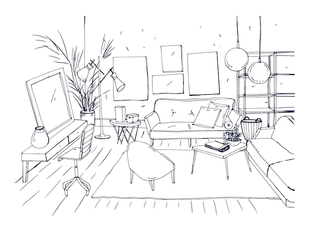 Premium Vector | Monochrome drawing of interior of living room with