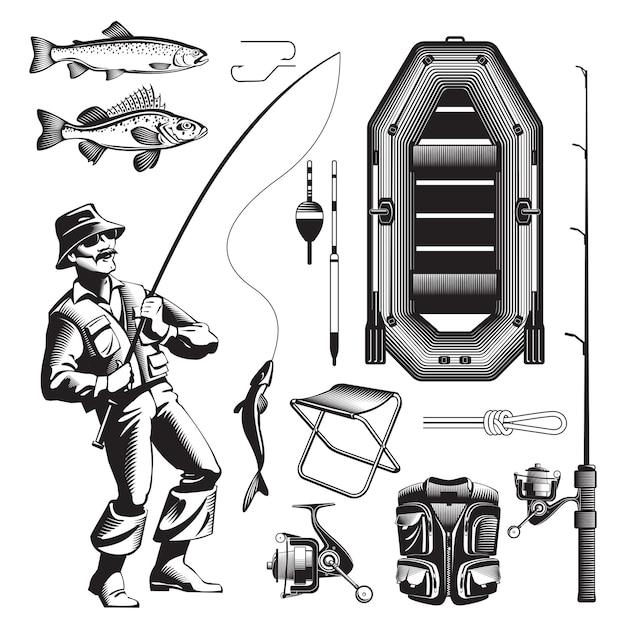 Free Vector Monochrome Fishing Elements Set