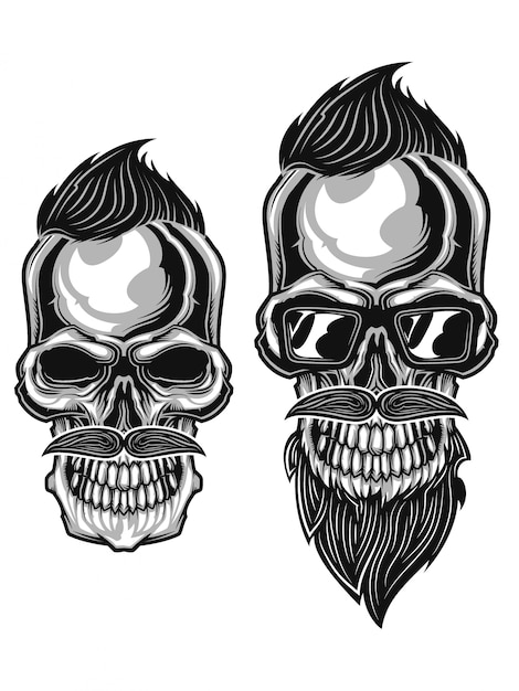 Premium Vector Monochrome Illustration Of Hipster Skulls With Mustaches Beard And A Haircuts 