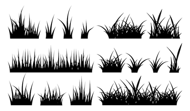 草のモノクロイラスト 黒のシルエット自然草地 プレミアムベクター