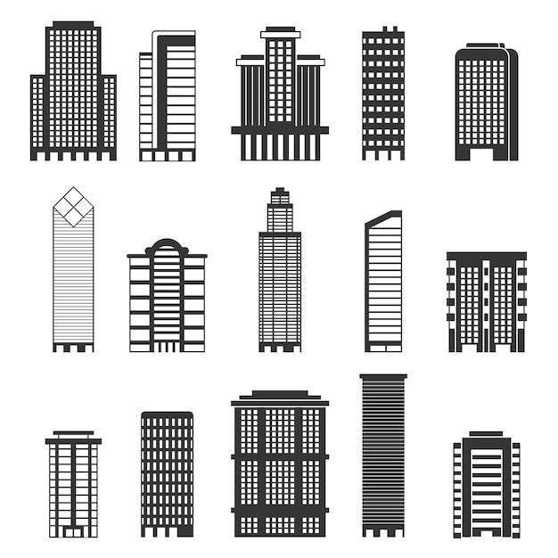 都市の建物のモノクロイラスト 高層ビルの営業所 プレミアムベクター