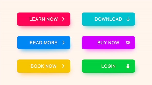 Monochrome web-buttons in red, blue, yellow, purple and green color. Premium Vector