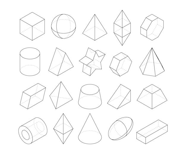 モノラインイラスト さまざまな形状のフレーム 直線形の図形ポリゴン 八面体とピラミッド 幾何学的な円錐と球 プレミアムベクター