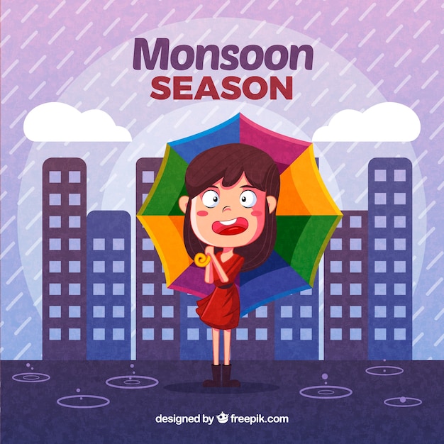 Monsoon background with girl and colorful
umbrella