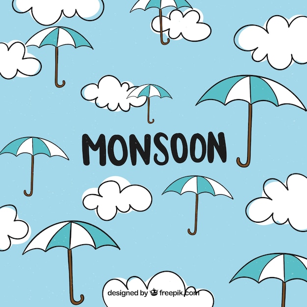 Monsoon season background with clouds and
umbrellas