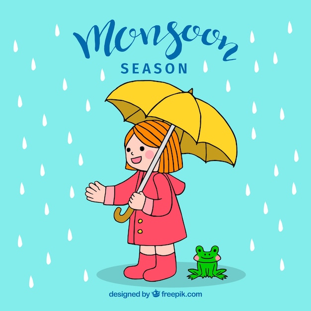 Monsoon season background with girl and
umbrella