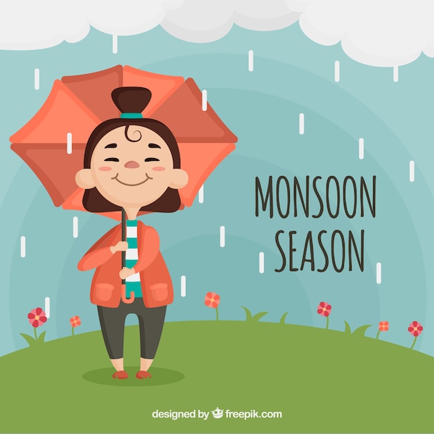 Monsoon season background with girl