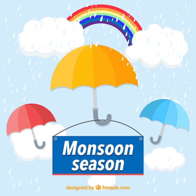 Monsoon season background with umbrellas