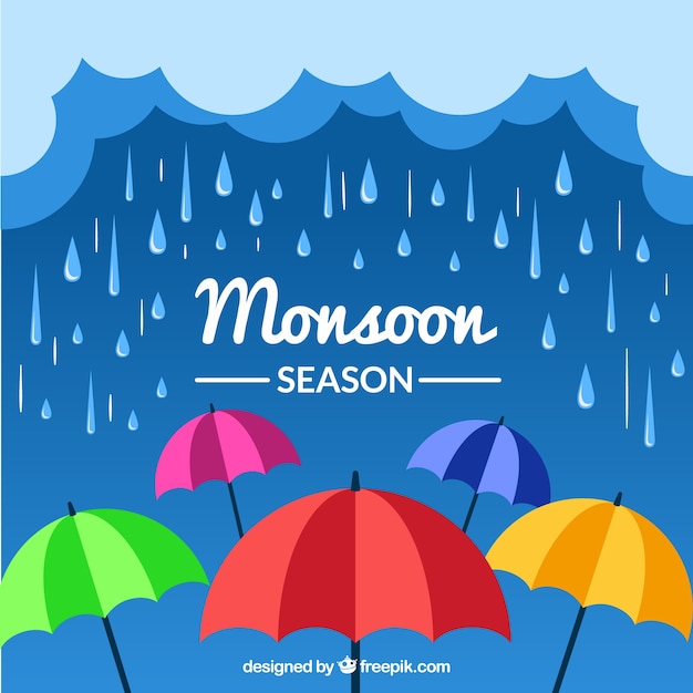 Monsoon season background with umbrellas Free Vector