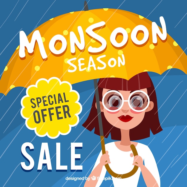 Monsoon season sale background with girl and
umbrella