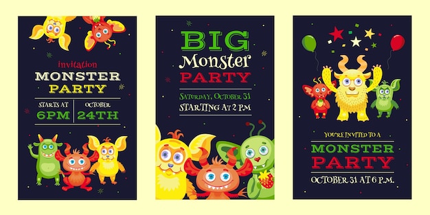 Free Vector Monster Party Invitation Designs With Funny Beasts And Mascots Bright Colorful Invitations For Children Celebration And Halloween Party Concept Template For Leaflet Banner Or Flyer