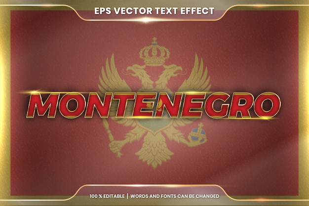モンテネグロの国旗 グラデーションゴールドカラーのコンセプトを持つ編集可能なテキスト効果スタイル プレミアムベクター