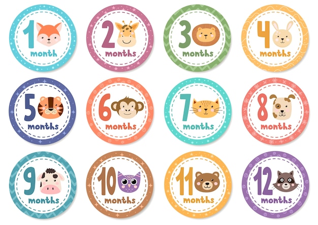 Download Monthly baby stickers with cute animals. Vector | Premium ...