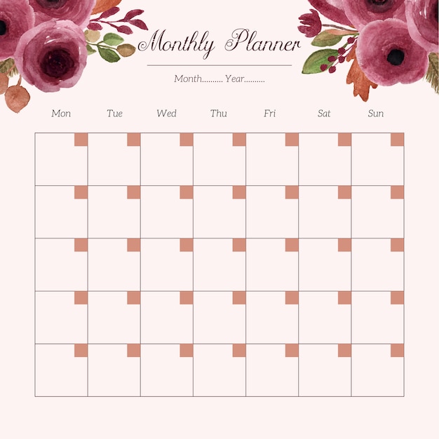 Premium Vector | Monthly planner with burgundy floral watercolor background