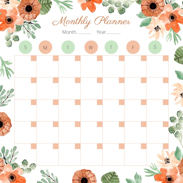 Premium Vector | Monthly planner with decoration floral watercolor