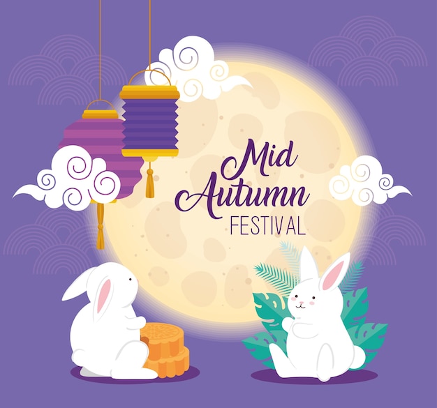 Premium Vector | Moon and rabbits with mooncakes and lanterns design ...