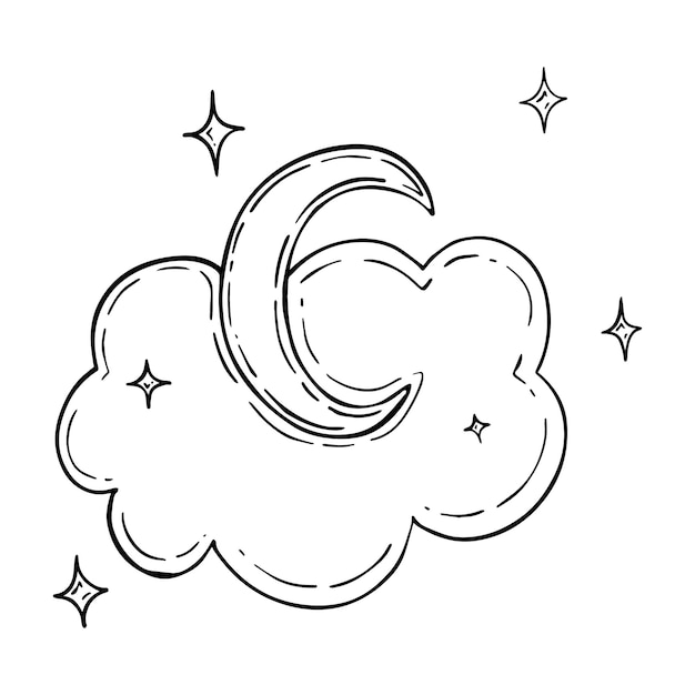 Premium Vector | Moon with cloud and stars doodle linear