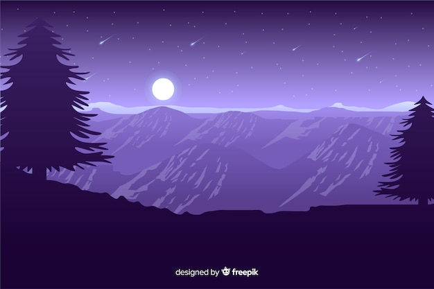 Free Vector | Moonlight on mountains with falling stars