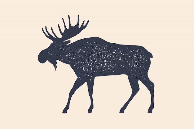 ムース 野生の鹿 農場の動物 ムース側ビュープロファイルの概念 黒いシルエットのムースや白い背景の野生の鹿 ヴィンテージレトロなプリント ポスター アイコン 図 プレミアムベクター