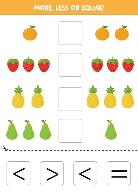 More, less or equal with cute cartoon fruits. educational math game for ...