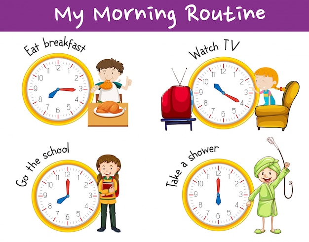 Morning routines for children with clock and
activities