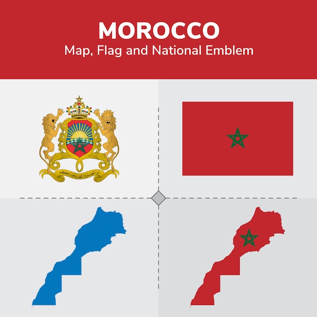 Morocco map, flag and national emblem | Premium Vector