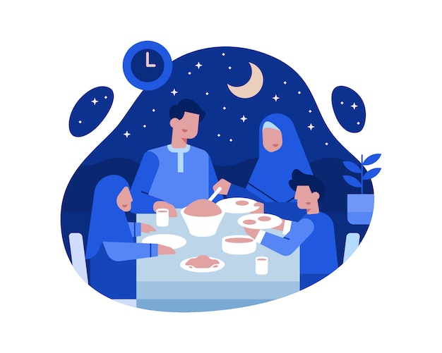Moslem families dinner together at the dining table Premium Vector