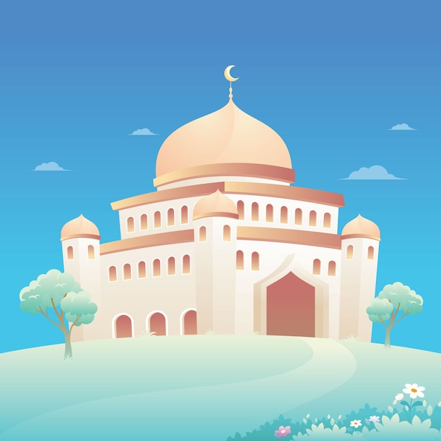 Premium Vector | Mosque illustration with nature landscape