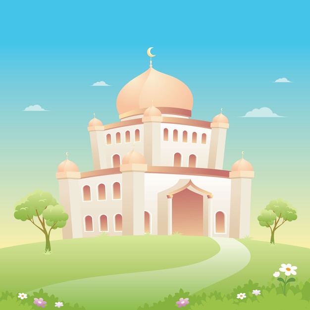 Premium Vector | Mosque illustration with nature landscape