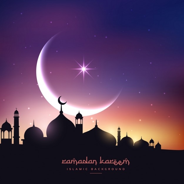 Mosque silhouette in night sky with crescent\
moon and stars