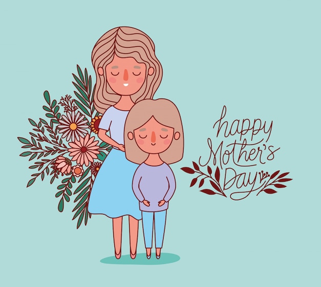 Premium Vector | Mother and daughter cartoon with flowers and leaves