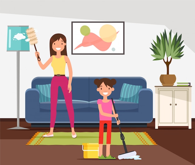 Premium Vector | Mother and daughter doing household chores