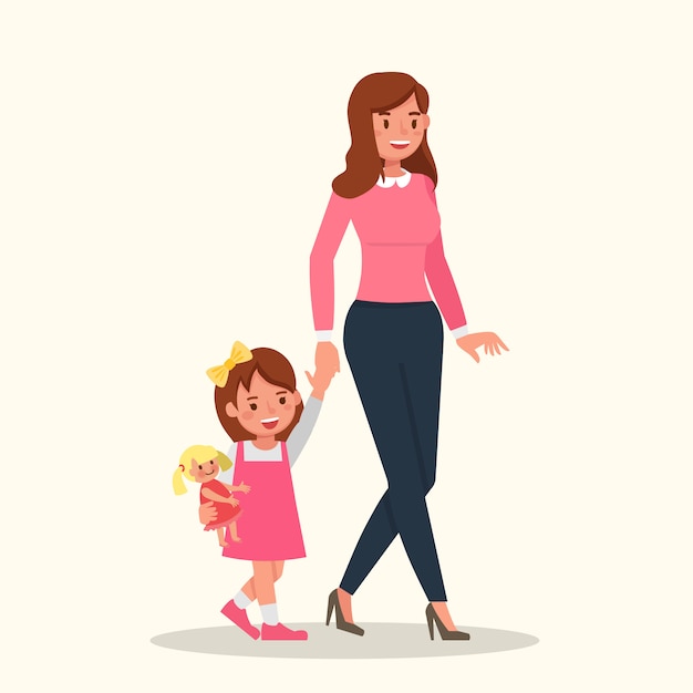 Mother and daughter walking character vector design. | Premium Vector