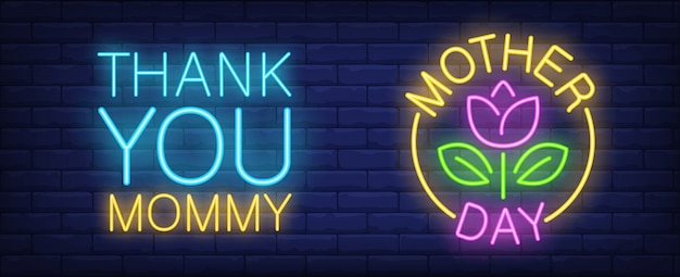 Free Vector Mother Day Neon Sign Pink Tulip With Leaves In Yellow Circle Thank You Mommy Lettering