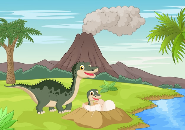 Download Mother dinosaur with baby hatching Vector | Premium Download