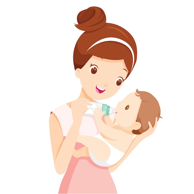 Premium Vector | Mother feeding baby with milk in baby bottle