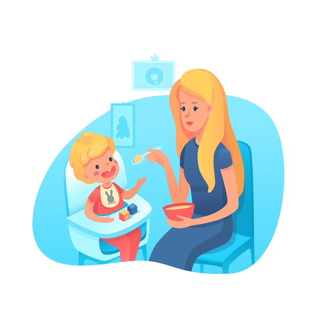 スプーンのイラストで幼児を養う母 子育て 母性のイラスト ハイチェアに座って 幼児の栄養クリップアートを食べている男の子 子供の漫画のキャラクターと若いお母さん プレミアムベクター