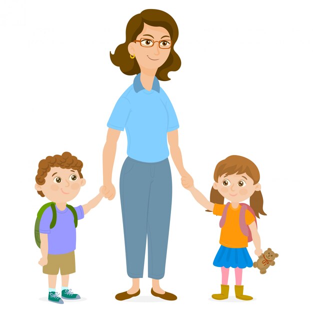 Mother leading her children to school Vector | Premium Download