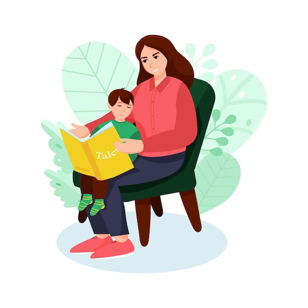 Premium Vector | Mother reading book to her little sun. cute vector ...