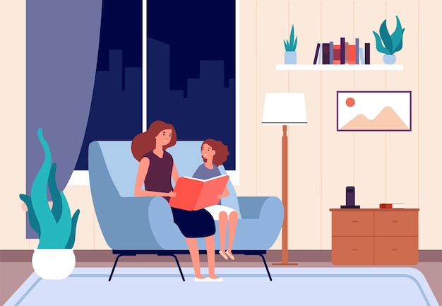 Mother reading book. mom read bedtime story to her daughter. Premium Vector