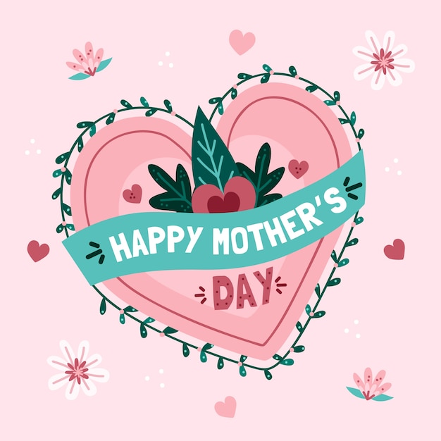  Mother  s day with heart  and leaves Free Vector