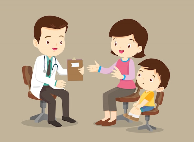 Premium Vector | Mother and son visiting to the doctor