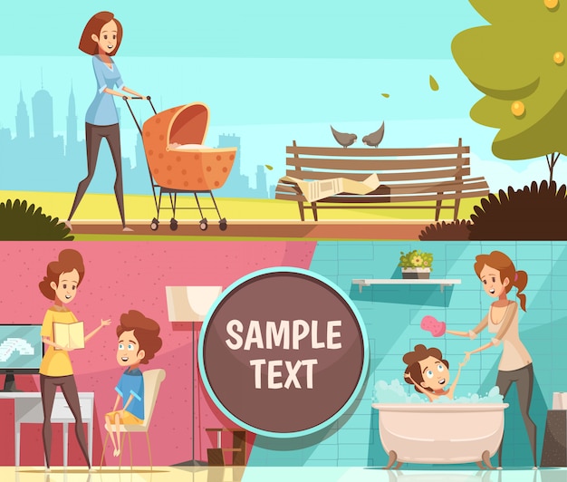 Motherhood daily activities 2 retro cartoon horizontal banners set with walking outdoor with pram isolated vector illustration Free Vector
