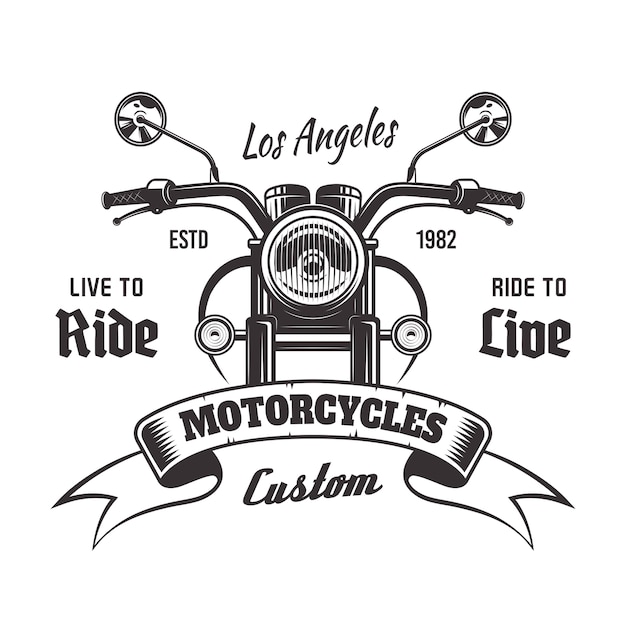 Premium Vector Motorcycle Front View Monochrome Vintage Emblem With Ribbon And Sample Text On White Background