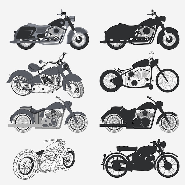 オートバイセット チョッパーバイクシルエットコレクション カスタムモトコンセプト プレミアムベクター