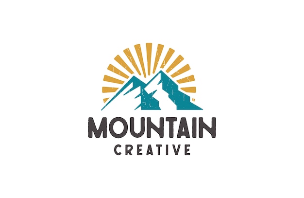 山と日の出のロゴ レトロなスタイルのベクトル図 プレミアムベクター